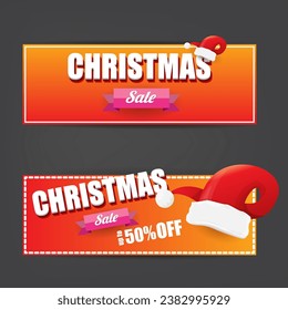 vector Christmas sales paper banner or tag label with red santa hat on grey christmas background. Red winter Christmas sale poster, banner, social media post design template and background