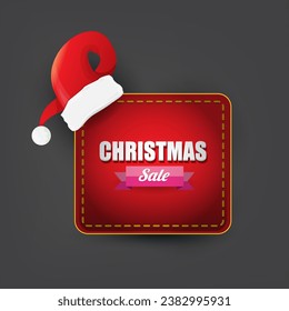 vector Christmas sales paper banner or tag label with red santa hat on grey christmas background. Red winter Christmas sale poster, banner, social media post design template and background