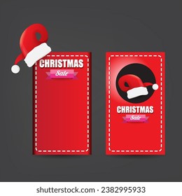 vector Christmas sales paper banner or tag label with red santa hat on grey christmas background. Red winter Christmas sale poster, banner, social media post design template and background