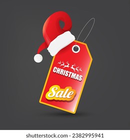 banner vectorial de papel de venta navideña o etiqueta con sombrero de santa roja sobre fondo de navidad gris. Cartel de la venta de Navidad en invierno rojo, pancarta, plantilla de diseño de publicaciones en medios sociales y antecedentes