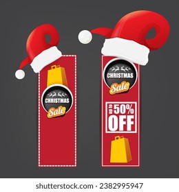 vector Christmas sales paper banner or tag label with red santa hat on grey christmas background. Red winter Christmas sale poster, banner, social media post design template and background