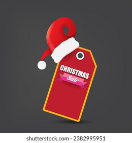 vector Christmas sales paper banner or tag label with red santa hat on grey christmas background. Red winter Christmas sale poster, banner, social media post design template and background