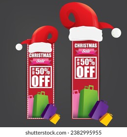 banner vectorial de papel de venta navideña o etiqueta con sombrero de santa roja sobre fondo de navidad gris. Cartel de la venta de Navidad en invierno rojo, pancarta, plantilla de diseño de publicaciones en medios sociales y antecedentes