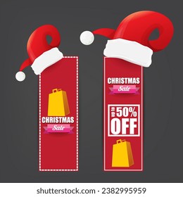 vector Christmas sales paper banner or tag label with red santa hat on grey christmas background. Red winter Christmas sale poster, banner, social media post design template and background