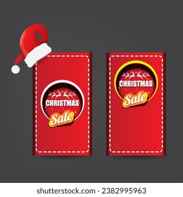 vector Christmas sales paper banner or tag label with red santa hat on grey christmas background. Red winter Christmas sale poster, banner, social media post design template and background