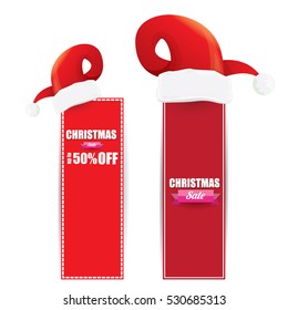 vector Christmas sales tag or label with red santa hat isolated on white background. Red winter Christmas sale poster or background