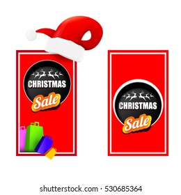 vector Christmas sales tag or label with red santa hat isolated on white background. Red winter Christmas sale poster or background