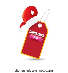 vector Christmas sales tag or label with red santa hat isolated on white background. Red winter Christmas sale poster or background