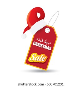 vector Christmas sales tag or label with red santa hat isolated on white background. Red winter Christmas sale poster or background