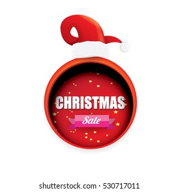 vector Christmas sales tag or label with red santa hat isolated on white background. Red winter Christmas sale poster or background