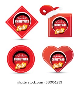 vector Christmas sales tag or label with red santa hat isolated on white background. Red winter Christmas sale poster or background