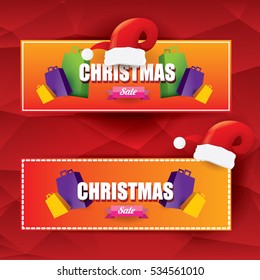 vector Christmas sales tag or label with red santa hat. Red winter Christmas sale poster or background