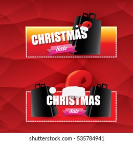 vector Christmas sales tag or label with red santa hat. Red winter Christmas sale poster or background