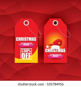 vector Christmas sales tag or label with red santa hat. Red winter Christmas sale poster or background