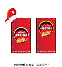 vector Christmas sales tag or label with red santa hat isolated on white background. Red winter Christmas sale poster or background