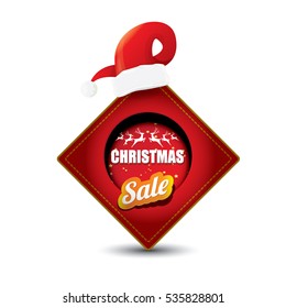 vector Christmas sales tag or label with red santa hat isolated on white background. Red winter Christmas sale poster or background