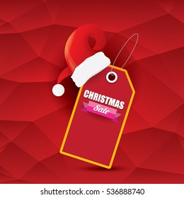 vector Christmas sales tag or label with red santa hat. Red winter Christmas sale poster or background
