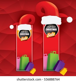 vector Christmas sales tag or label with red santa hat. Red winter Christmas sale poster or background