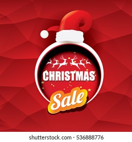 vector Christmas sales tag or label with red santa hat. Red winter Christmas sale poster or background