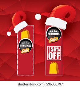 vector Christmas sales tag or label with red santa hat. Red winter Christmas sale poster or background