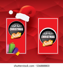 vector Christmas sales tag or label with red santa hat. Red winter Christmas sale poster or background