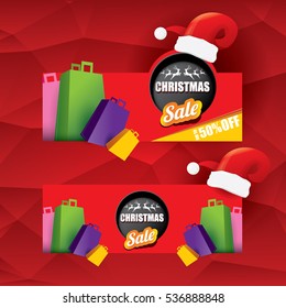 vector Christmas sales tag or label with red santa hat. Red winter Christmas sale poster or background