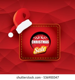 vector Christmas sales tag or label with red santa hat. Red winter Christmas sale poster or background