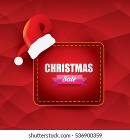 vector Christmas sales tag or label with red santa hat. Red winter Christmas sale poster or background