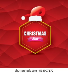 vector Christmas sales tag or label with red santa hat. Red winter Christmas sale poster or background