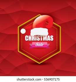 vector Christmas sales tag or label with red santa hat. Red winter Christmas sale poster or background