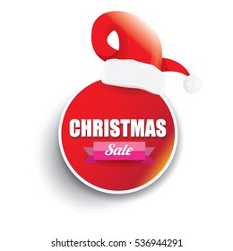 vector Christmas sales tag or label with red santa hat isolated on white background. Red winter Christmas sale poster or background