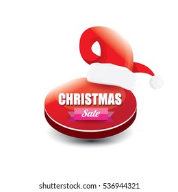 vector Christmas sales tag or label with red santa hat isolated on white background. Red winter Christmas sale poster or background