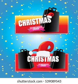vector Christmas sales tag or label with red santa hat. Red winter Christmas sale poster or background