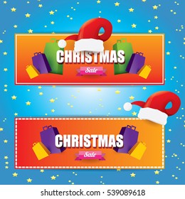 vector Christmas sales tag or label with red santa hat. Red winter Christmas sale poster or background