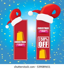 vector Christmas sales tag or label with red santa hat. Red winter Christmas sale poster or background