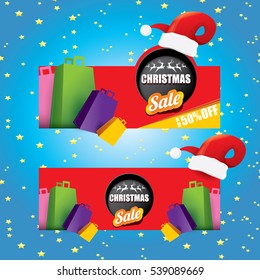 vector Christmas sales tag or label with red santa hat. Red winter Christmas sale poster or background