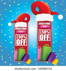 vector Christmas sales tag or label with red santa hat. Red winter Christmas sale poster or background