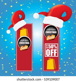 vector Christmas sales tag or label with red santa hat. Red winter Christmas sale poster or background