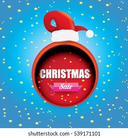 vector Christmas sales tag or label with red santa hat. Red winter Christmas sale poster or background