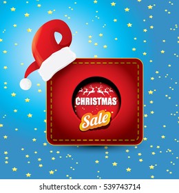vector Christmas sales tag or label with red santa hat. Red winter Christmas sale poster or background