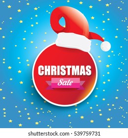 vector Christmas sales tag or label with red santa hat. Red winter Christmas sale poster or background