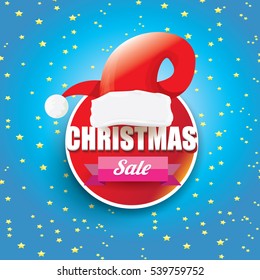 vector Christmas sales tag or label with red santa hat. Red winter Christmas sale poster or background
