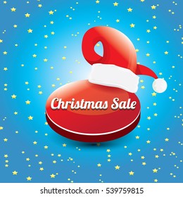 vector Christmas sales tag or label with red santa hat. Red winter Christmas sale poster or background