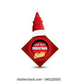 vector Christmas sales tag or label with red santa hat isolated on white background. Red winter Christmas sale poster or background