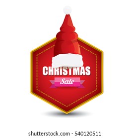 vector Christmas sales tag or label with red santa hat isolated on white background. Red winter Christmas sale poster or background
