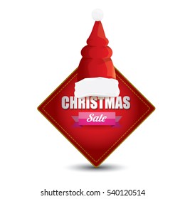 vector Christmas sales tag or label with red santa hat isolated on white background. Red winter Christmas sale poster or background