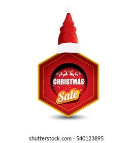 vector Christmas sales tag or label with red santa hat isolated on white background. Red winter Christmas sale poster or background