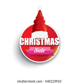 vector Christmas sales tag or label with red santa hat isolated on white background. Red winter Christmas sale poster or background