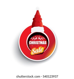 vector Christmas sales tag or label with red santa hat isolated on white background. Red winter Christmas sale poster or background