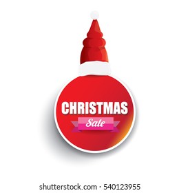 vector Christmas sales tag or label with red santa hat isolated on white background. Red winter Christmas sale poster or background